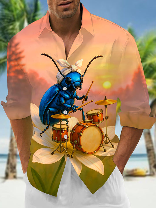 Adaychic Men's Hawaiian Blue Beetle Drummer Print Long Sleeve Shirt with Chest Pocket