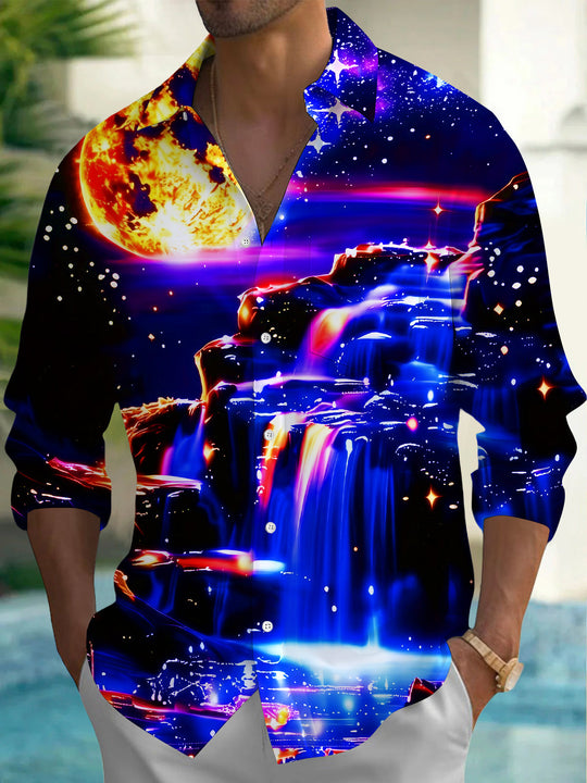 Adaychic Men's Graphic Neon Moon Print Long Sleeve Shirt with Chest Pocket