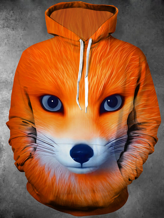 Adaychic Men's 3D Fox Face Print Long Sleeve Hoodie with Chest Pocket