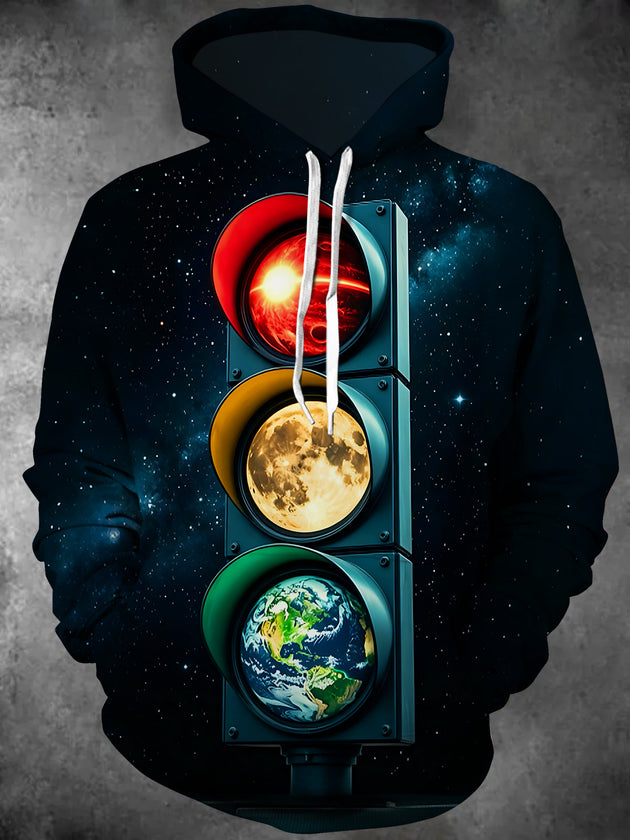 Adaychic Men's Graphic Space Traffic Light Print Long Sleeve Hoodie with Chest Pocket