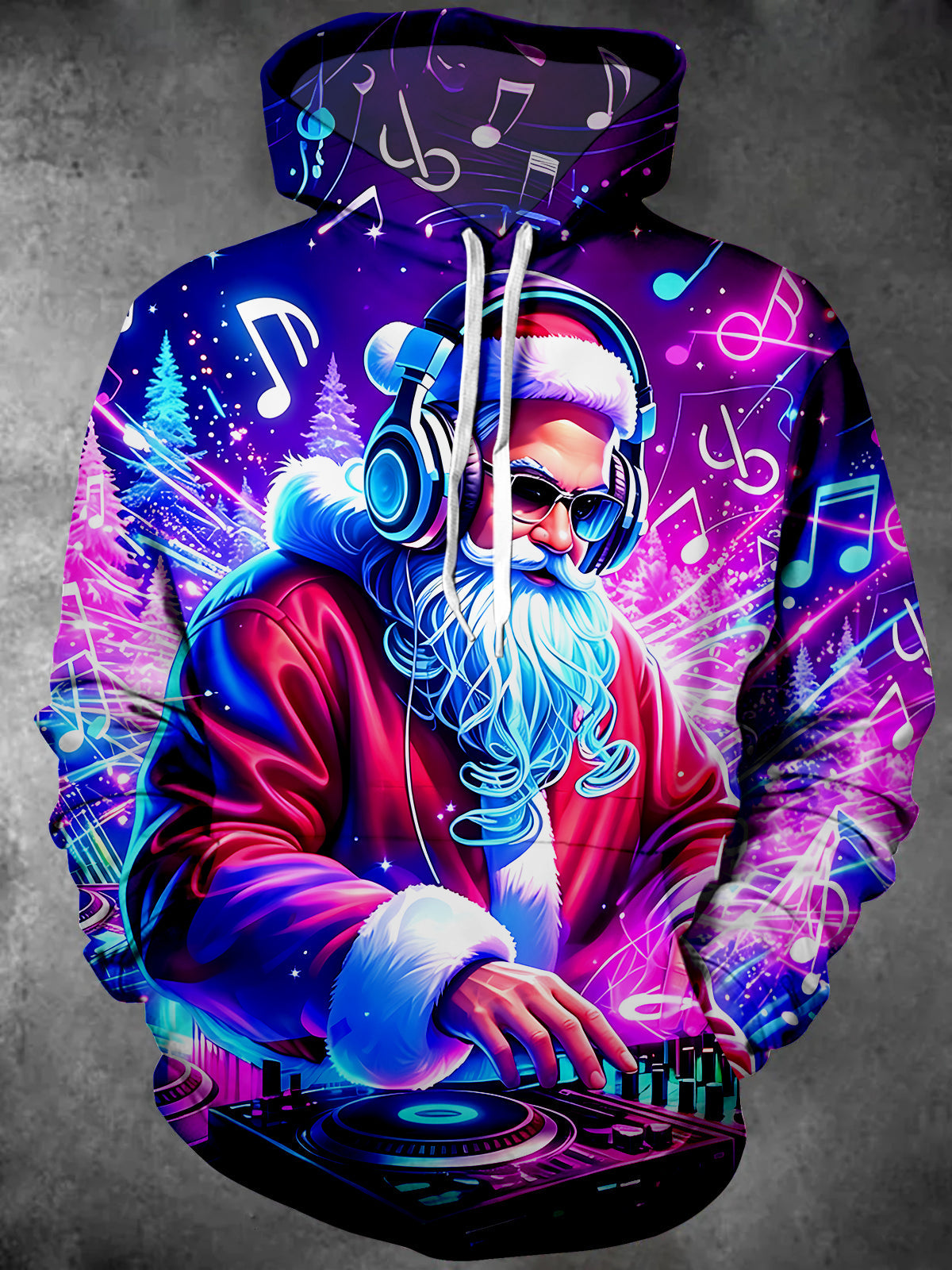 Neon Music Notes DJ Santa Claus Men's Long Sleeve Pocket Hooded Sweatshirt