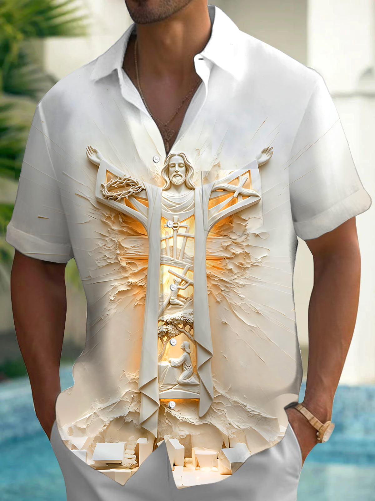 Art Jesus Cross Relief Holy Light Men's Pocket Short Sleeve Shirts