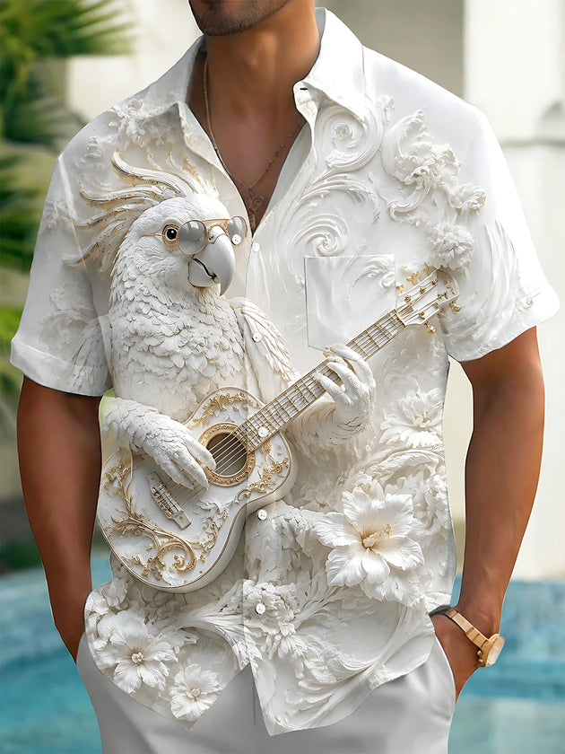 Adaychic Men's Graphic 3D Parrot With Guitar Print Short Sleeve Shirt with Chest Pocket