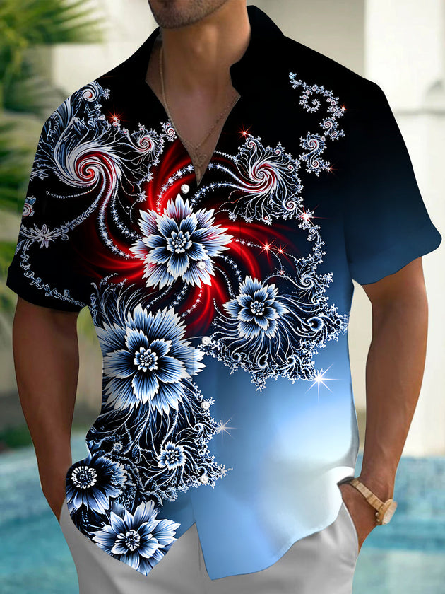 Adaychic Men's Printed Fractal Floral Swirl Print Short Sleeve Shirt with Chest Pocket