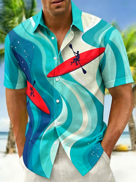 Adaychic Men's Hawaiian Kayak Silhouette Print Short Sleeve Shirt with Chest Pocket