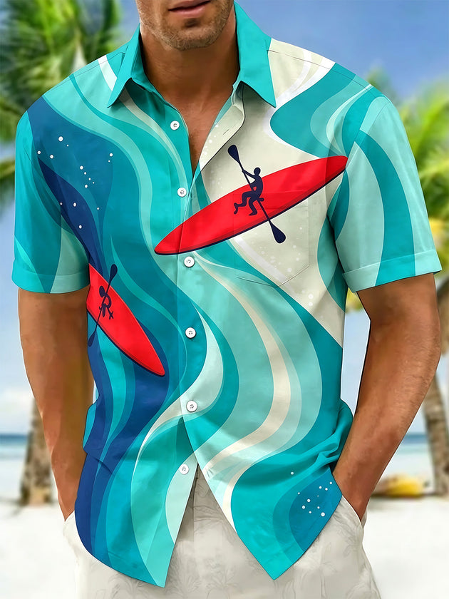 Adaychic Men's Hawaiian Kayak Silhouette Print Short Sleeve Shirt with Chest Pocket