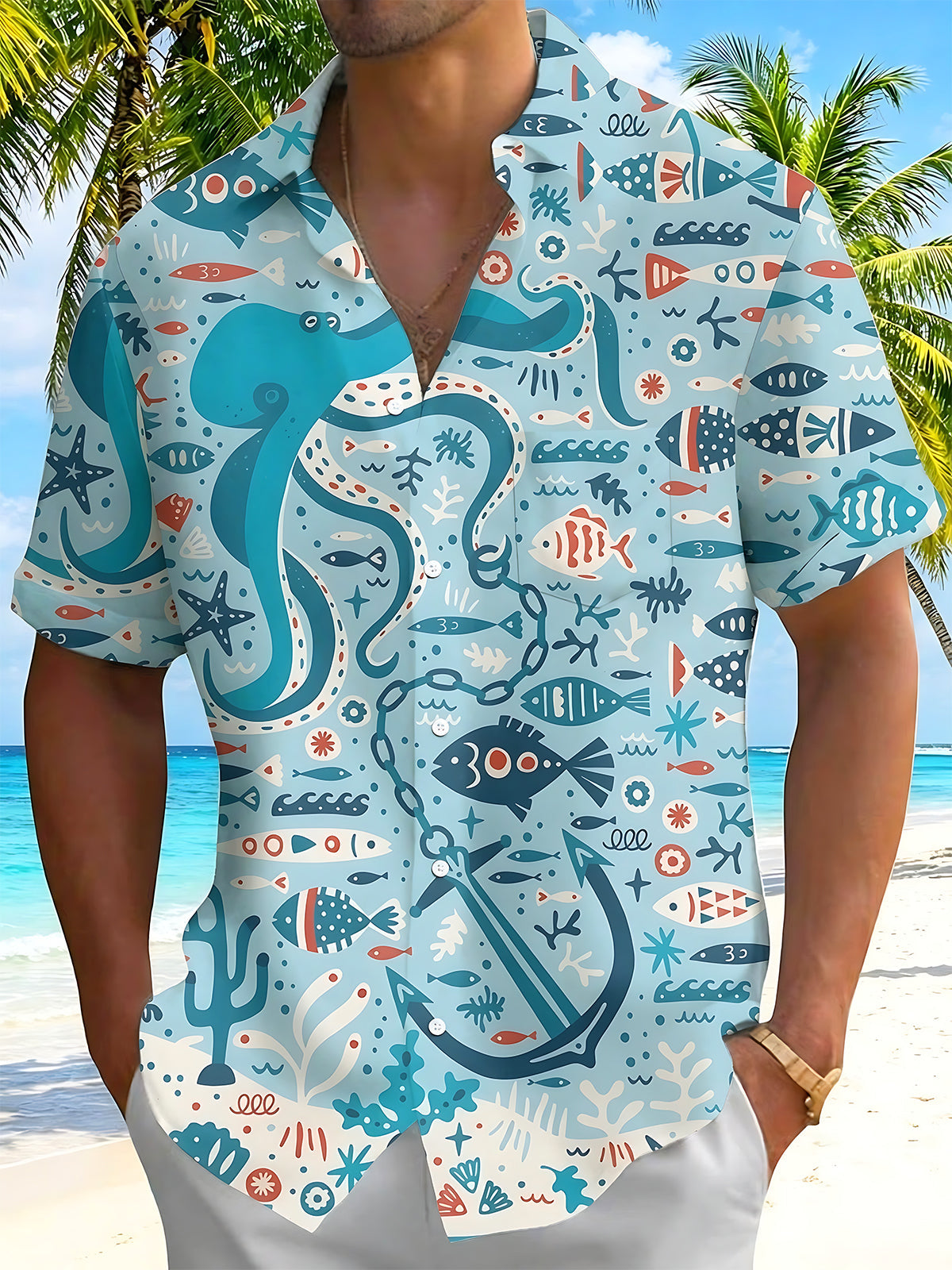 Adaychic Men's Hawaiian Octopus And Anchor Print Short Sleeve Shirt with Chest Pocket