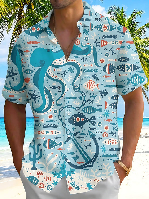 Adaychic Men's Hawaiian Octopus And Anchor Print Short Sleeve Shirt with Chest Pocket