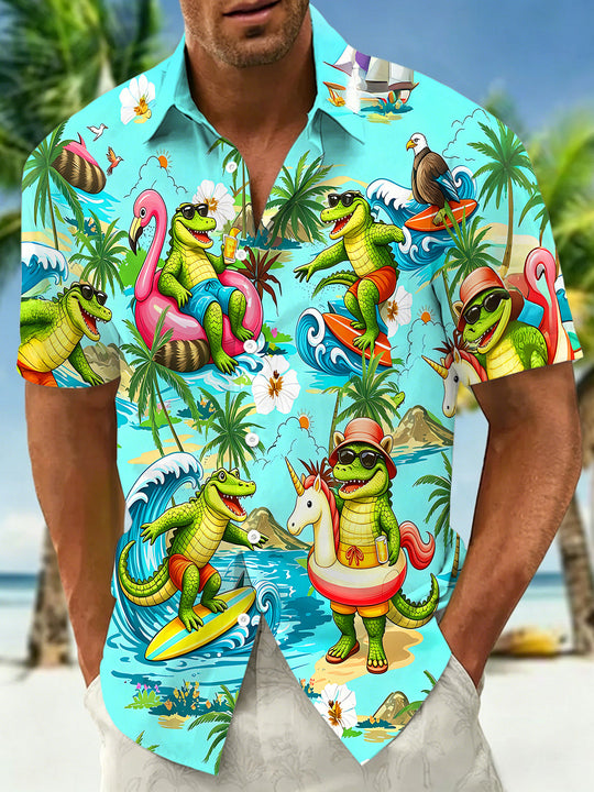 Adaychic Men's Hawaiian Surfing Crocodiles Print Short Sleeve Shirt with Chest Pocket