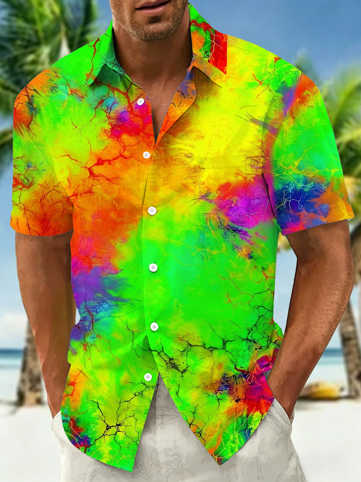 Adaychic Men's Tie Dye Neon Fluid Gradient Print Short Sleeve Shirt with Chest Pocket