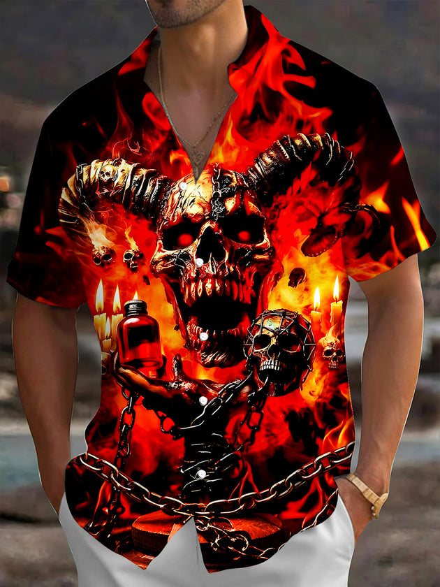 Adaychic Men's Graphic Demon Skull Print Short Sleeve Shirt with Chest Pocket