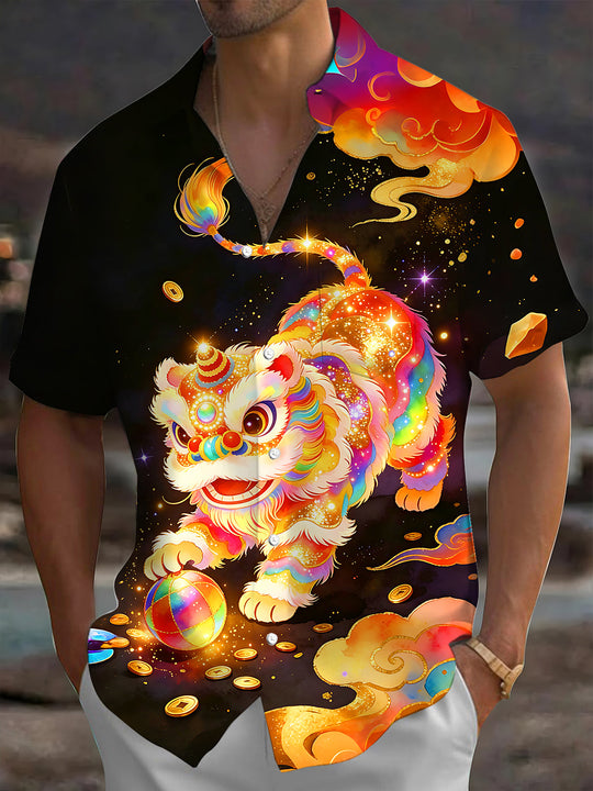 Adaychic Men's Graphic Lion Dance Print Short Sleeve Shirt with Chest Pocket