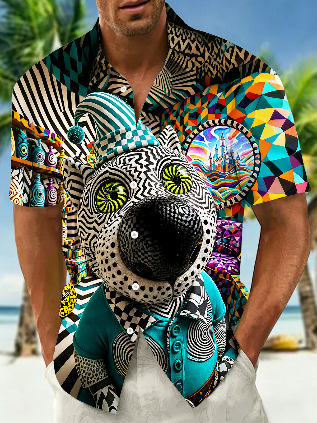 Fun Psychedelic Geometric Clown Leopard Men's Pocket Short Sleeve Shirts