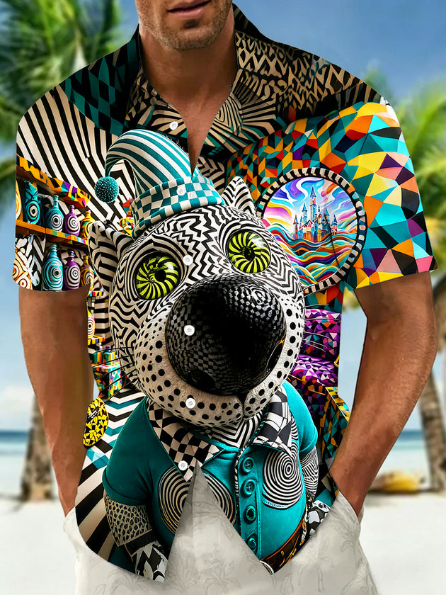 Fun Psychedelic Geometric Clown Leopard Men's Pocket Short Sleeve Shirts