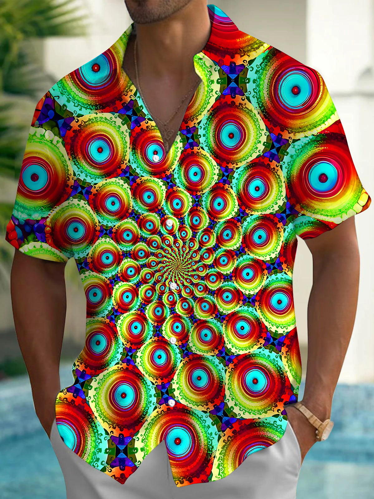 Adaychic Men's Colorful Spiral Circles Print Short Sleeve Shirt with Chest Pocket