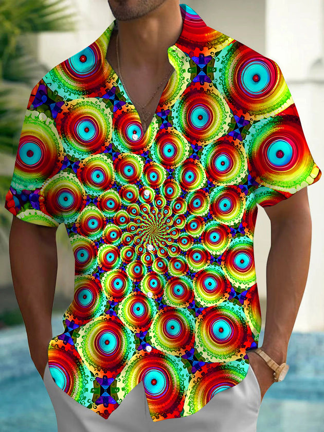 Adaychic Men's Colorful Spiral Circles Print Short Sleeve Shirt with Chest Pocket