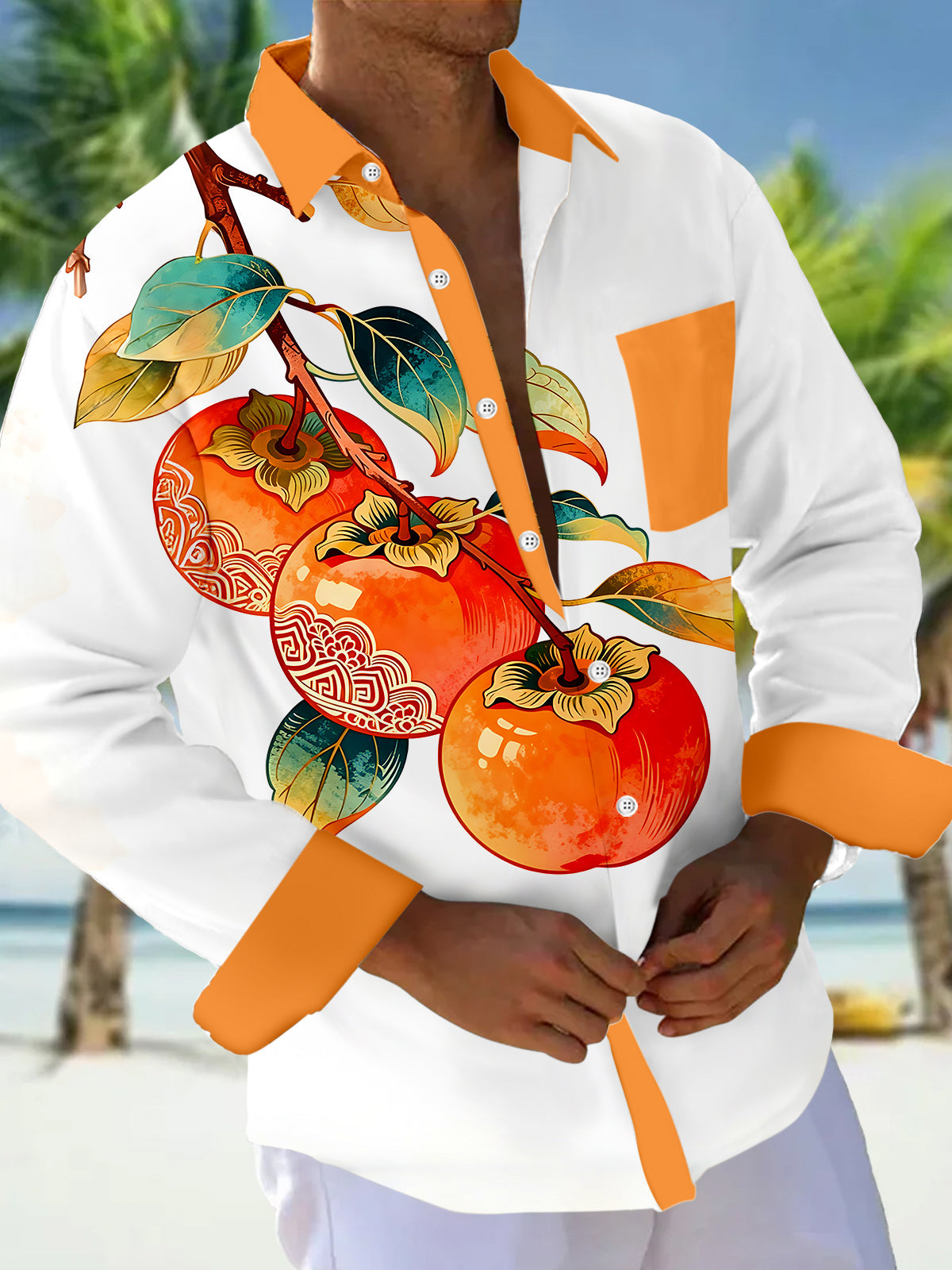 Adaychic Men's Graphic Persimmon Fruit Branch Print Long Sleeve Shirt with Chest Pocket