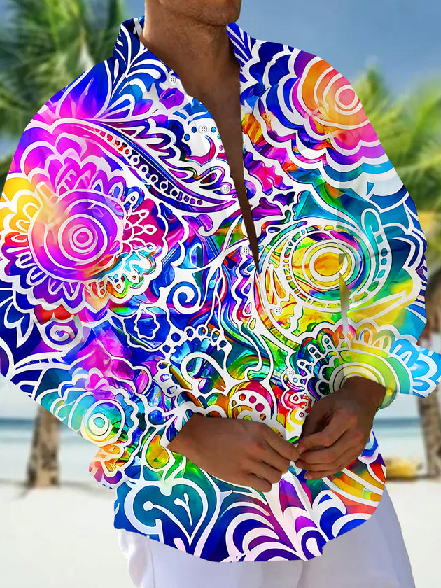 Adaychic Men's Colorful Mandala Floral Pattern Long Sleeve Shirt with Chest Pocket