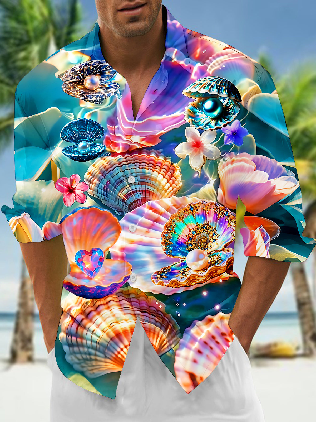 Adaychic Men's Hawaiian Pearl Shells Print Long Sleeve Shirt with Chest Pocket