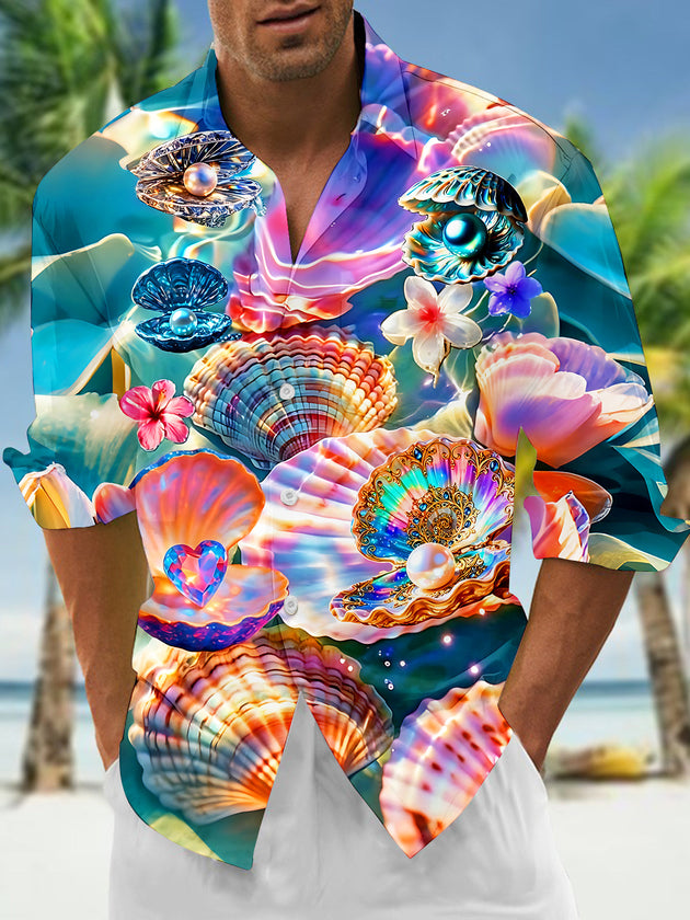 Adaychic Men's Hawaiian Pearl Shells Print Long Sleeve Shirt with Chest Pocket