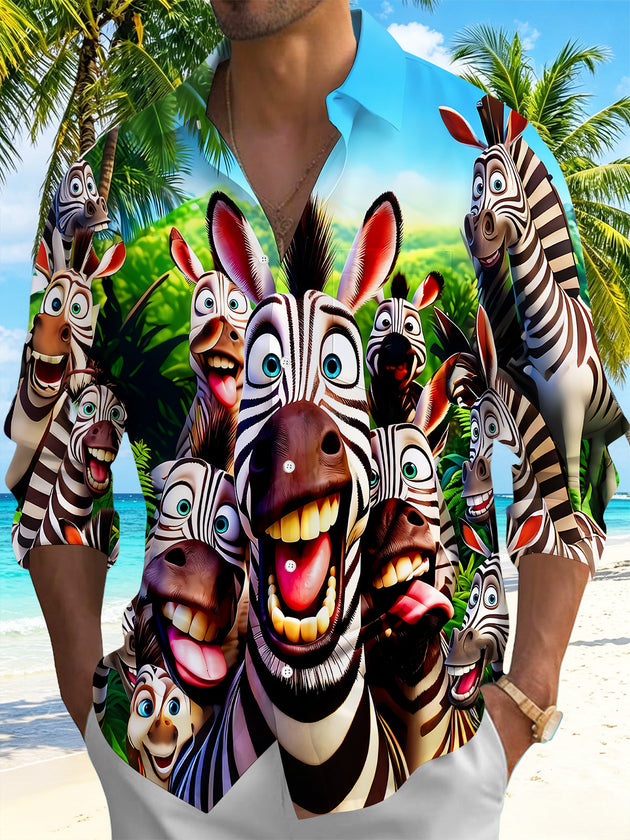 Fun Zebra Group Selfie Men's Pocket Long Sleeve Shirts