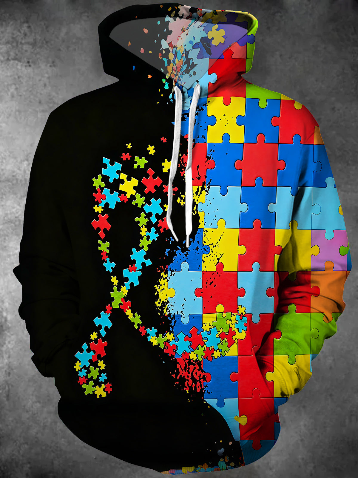 Colorful Puzzle Ribbon Men's Long Sleeve Pocket Hooded Sweatshirt