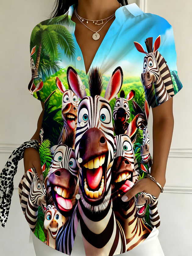 Fun Zebra Group Selfie Women's Short Sleeve Shirts