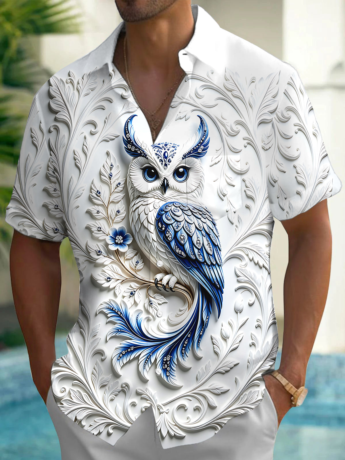 Adaychic Men's Graphic 3D Embossed Owl Print Short Sleeve Shirt with Chest Pocket