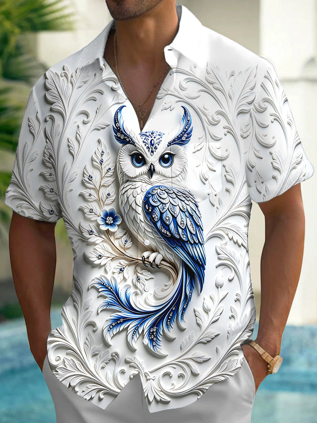Adaychic Men's Graphic 3D Embossed Owl Print Short Sleeve Shirt with Chest Pocket