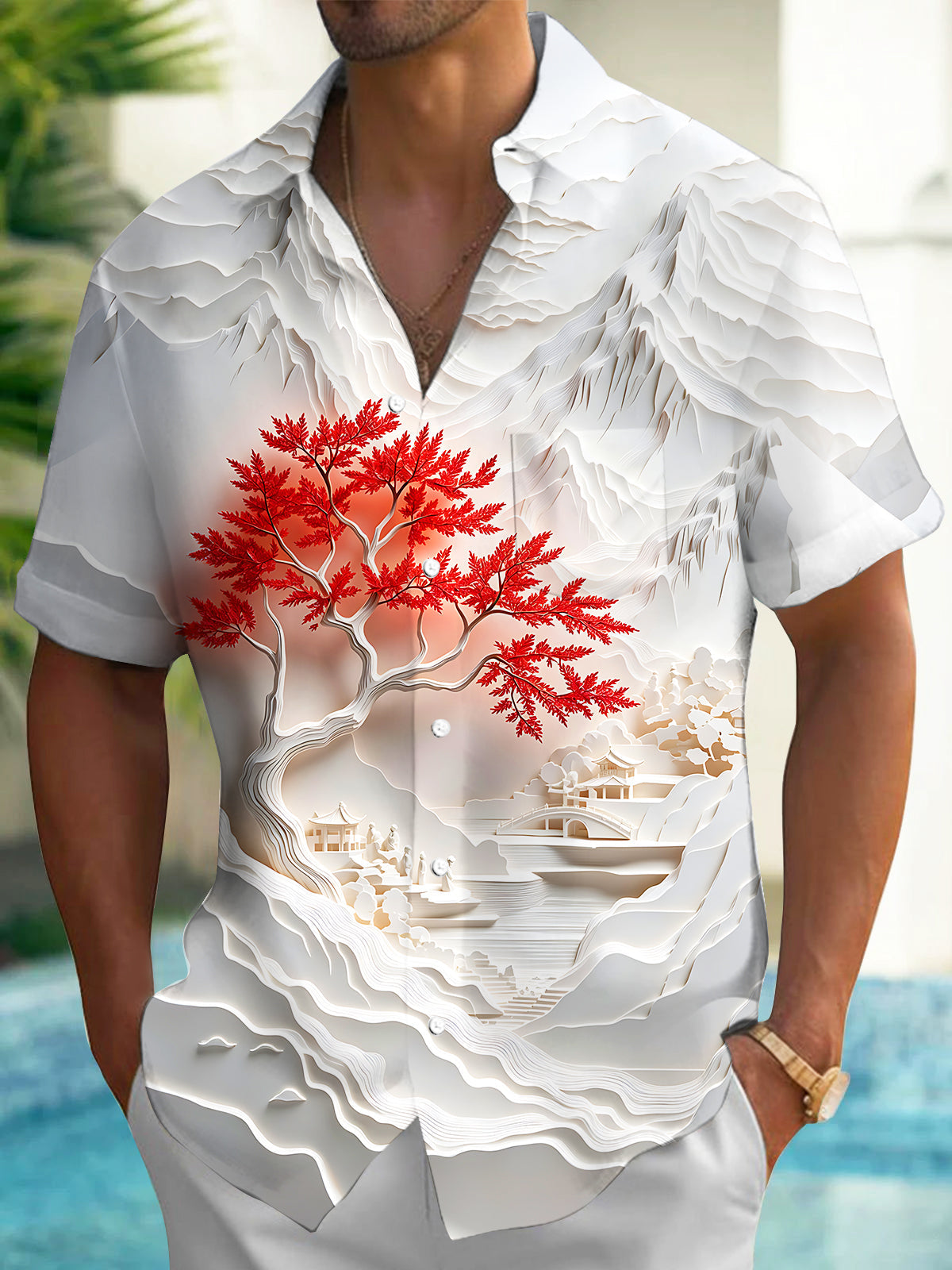 Adaychic Men's Graphic 3D Paper Cut Landscape Print Short Sleeve Shirt with Chest Pocket