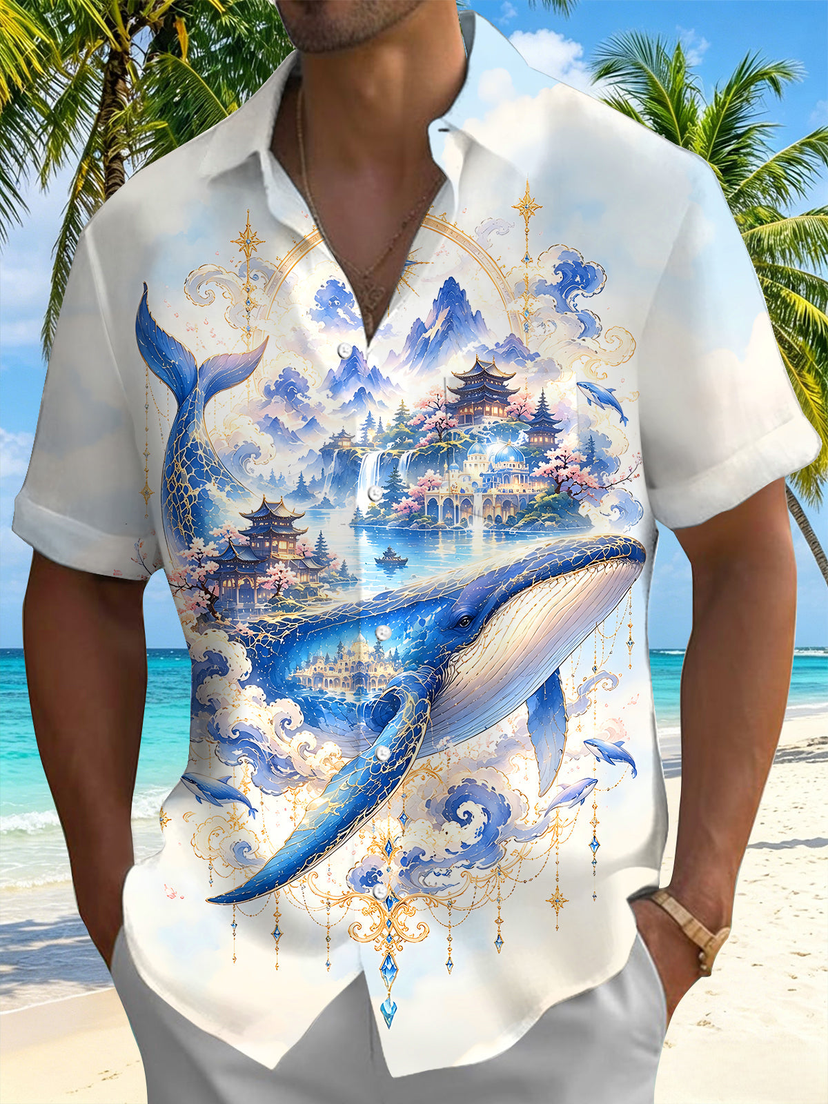 Adaychic Men's Hawaiian Whale Print Short Sleeve Shirt with Chest Pocket