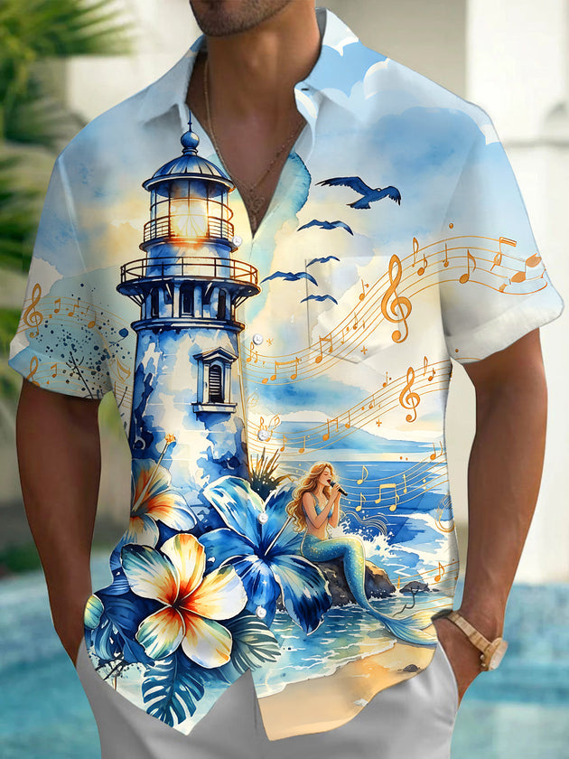 Adaychic Men's Hawaiian Lighthouse Print Short Sleeve Shirt with Chest Pocket