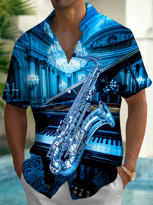 Adaychic Men's Graphic Saxophone And Piano Print Short Sleeve Shirt with Chest Pocket