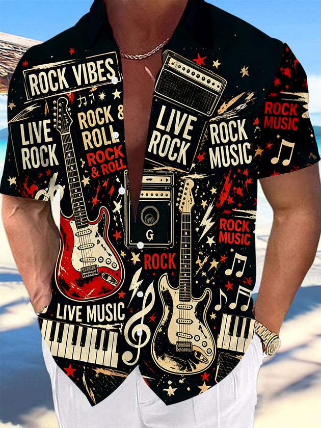 Dark Rock Guitar Piano Instrument Music Men's Pocket Short Sleeve Shirts