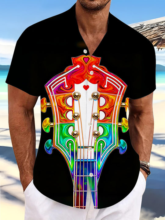 Adaychic Men's Colorful Guitar Headstock Print Short Sleeve Shirt with Chest Pocket