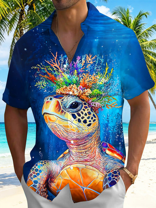 Adaychic Men's Hawaiian Sea Turtle Print Short Sleeve Shirt with Chest Pocket
