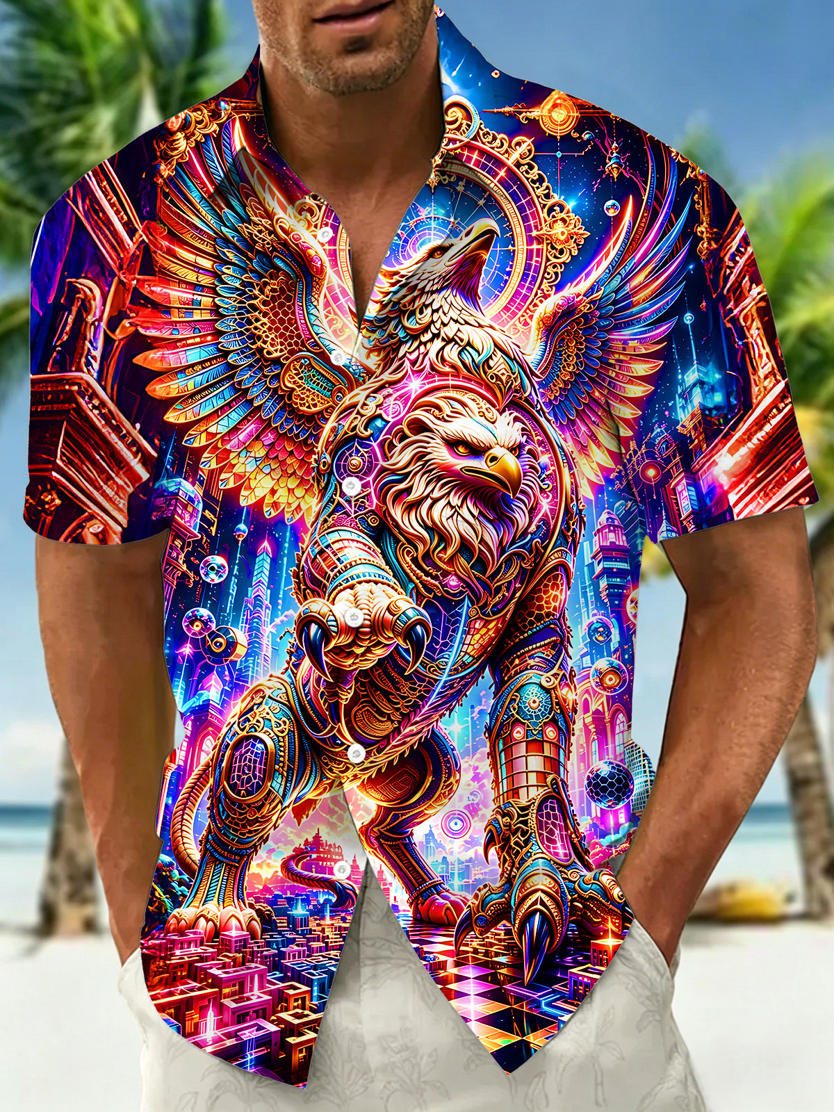 Adaychic Men's Hawaiian Cyberpunk Griffin Print Short Sleeve Shirt with Chest Pocket