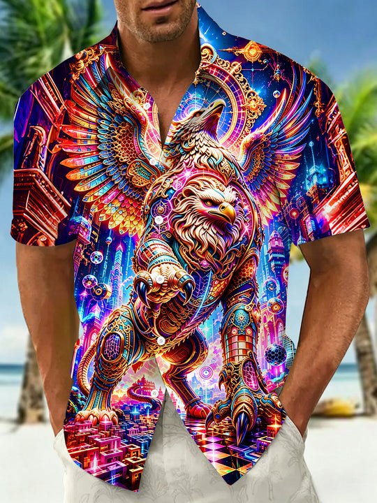 Adaychic Men's Hawaiian Cyberpunk Griffin Print Short Sleeve Shirt with Chest Pocket