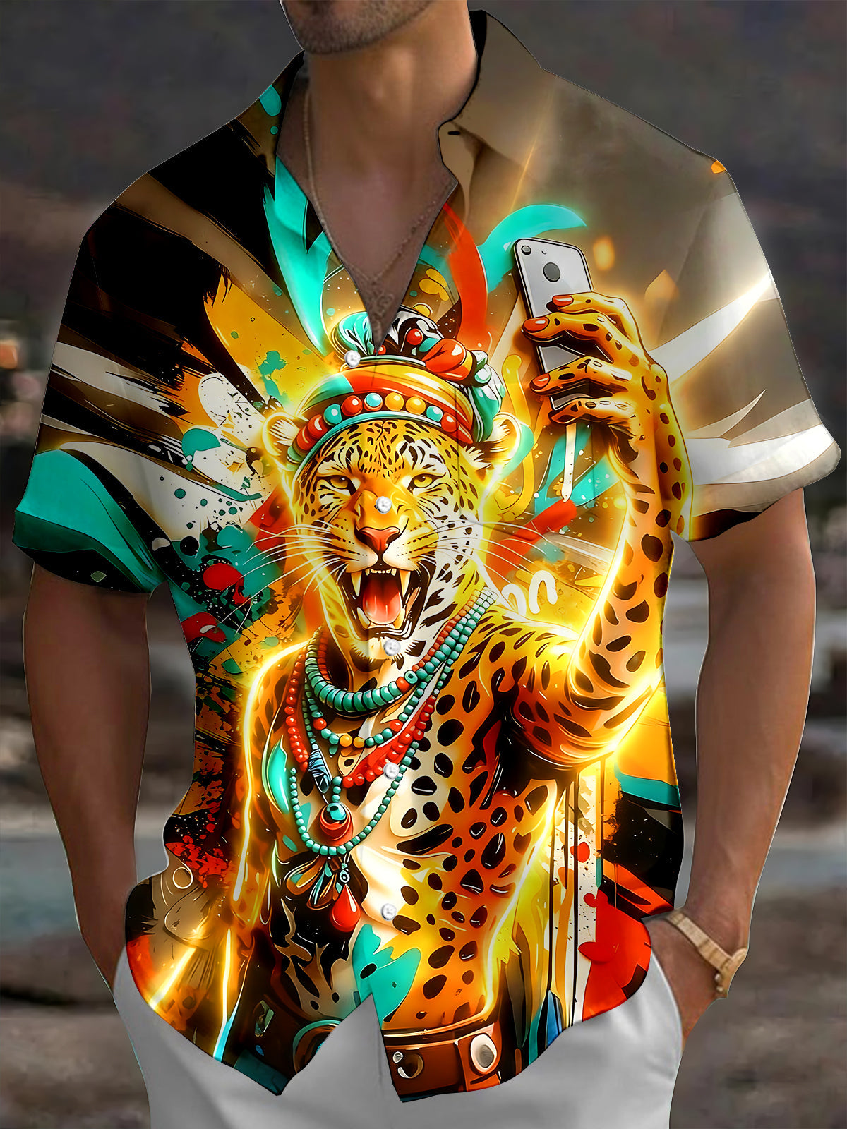 Adaychic Men's Graphic Tribal Leopard Selfie Print Short Sleeve Shirt with Chest Pocket