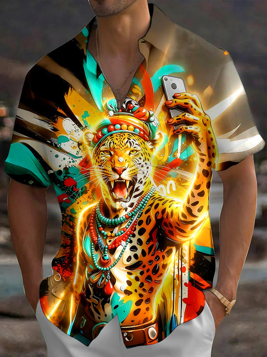 Adaychic Men's Graphic Tribal Leopard Selfie Print Short Sleeve Shirt with Chest Pocket