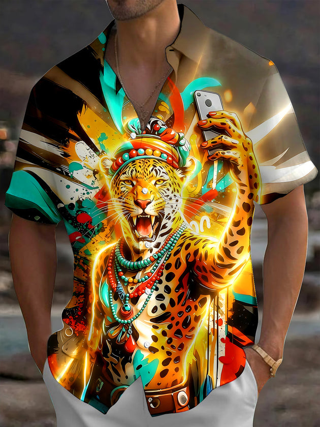 Adaychic Men's Graphic Tribal Leopard Selfie Print Short Sleeve Shirt with Chest Pocket