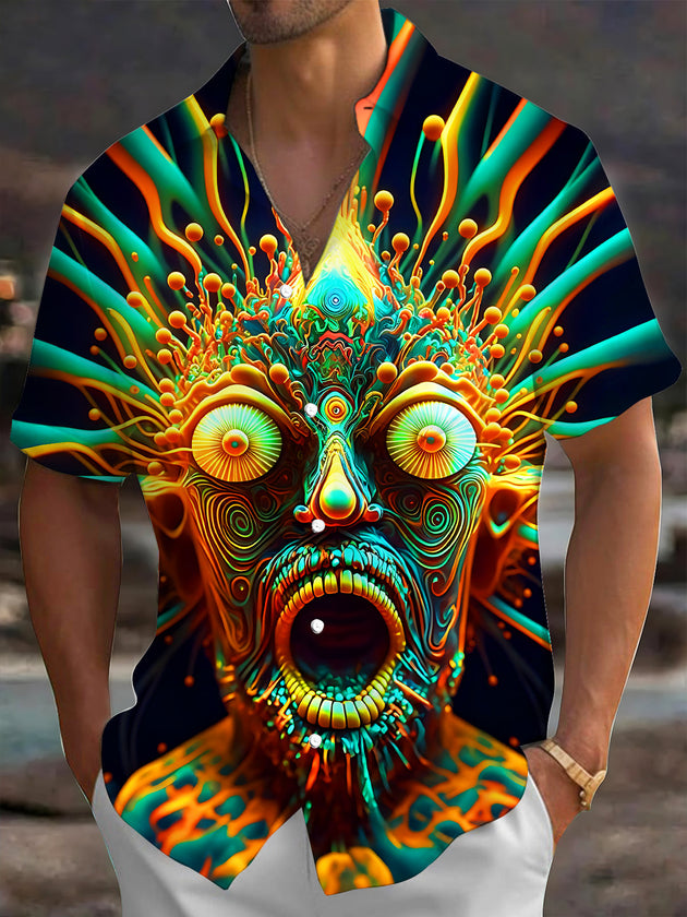 Adaychic Men's Psychedelic Abstract Face Print Short Sleeve Shirt with Chest Pocket