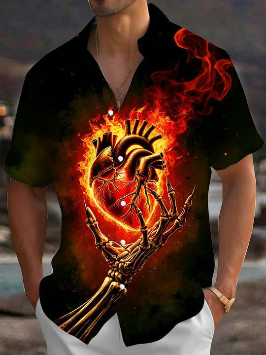 Adaychic Men's Graphic Skeleton Hand Print Short Sleeve Shirt with Chest Pocket