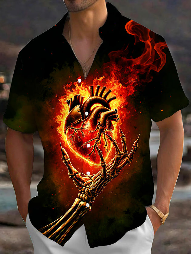 Adaychic Men's Graphic Skeleton Hand Print Short Sleeve Shirt with Chest Pocket