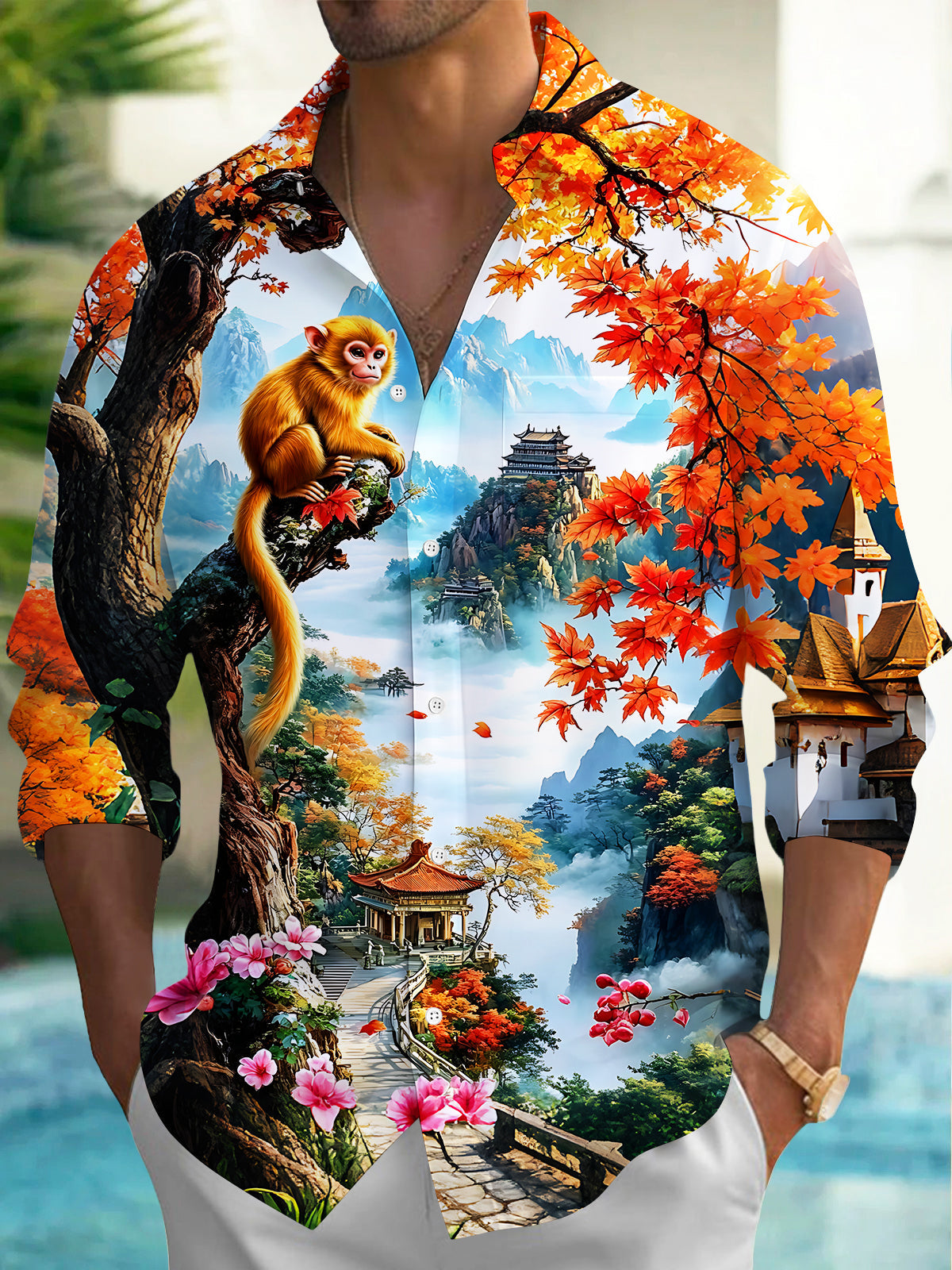 Adaychic Men's Graphic Autumn Maple Landscape Print Long Sleeve Shirt with Chest Pocket