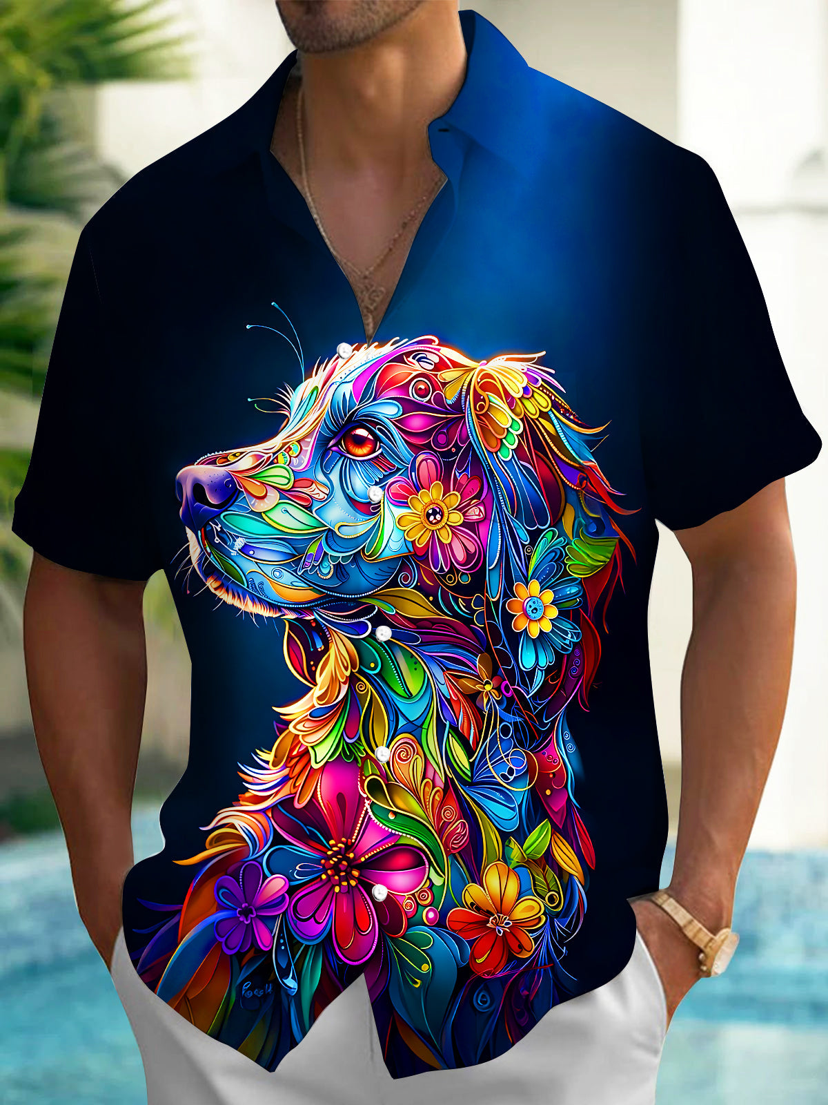Colorful Floral Golden Retriever Dog  Men's Pocket Short Sleeve Shirts