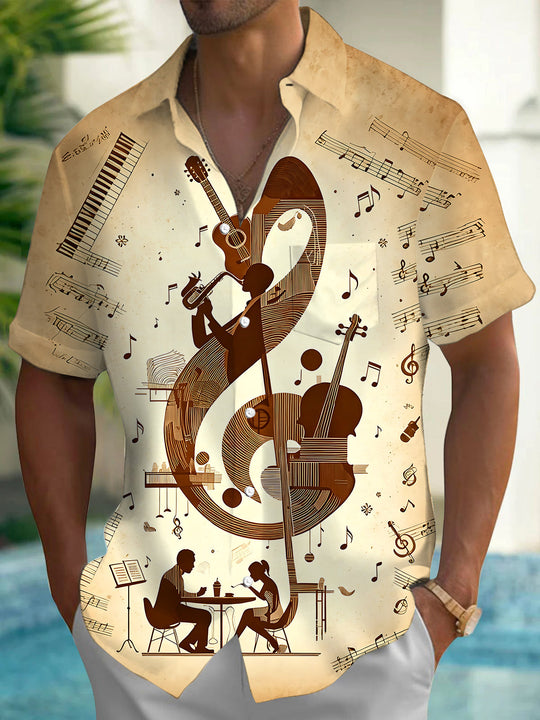 Adaychic Men's Musical Note Treble Clef Print Short Sleeve Shirt with Chest Pocket
