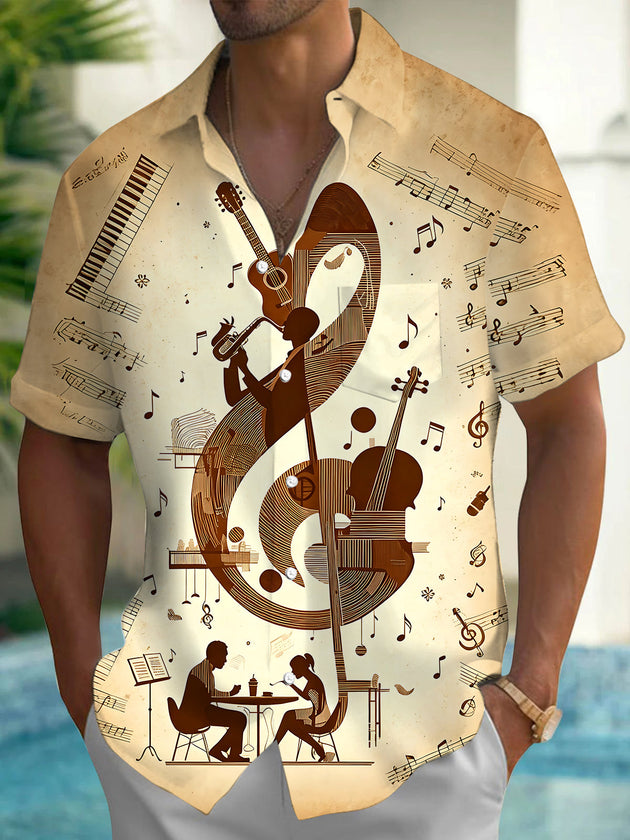 Adaychic Men's Musical Note Treble Clef Print Short Sleeve Shirt with Chest Pocket