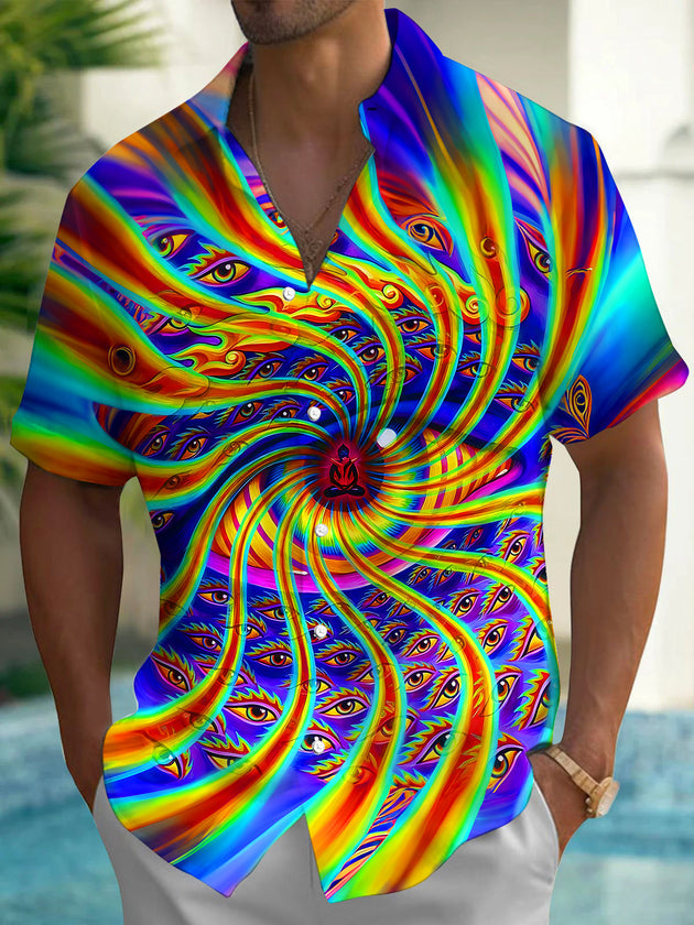 Adaychic Men's Printed Spiral Eyes Print Short Sleeve Shirt with Chest Pocket