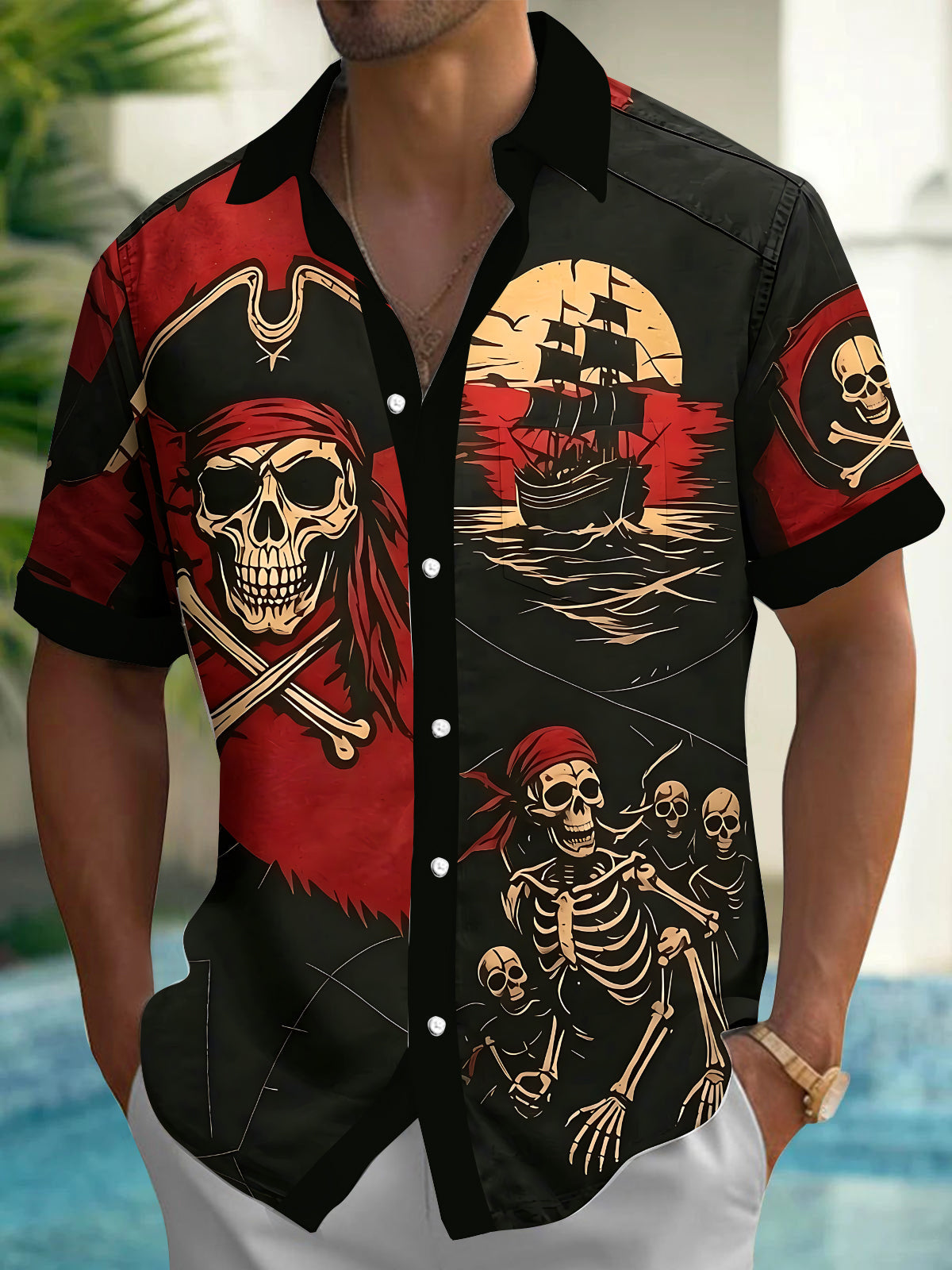 Adaychic Men's Graphic Pirate Skull Print Short Sleeve Shirt with Chest Pocket
